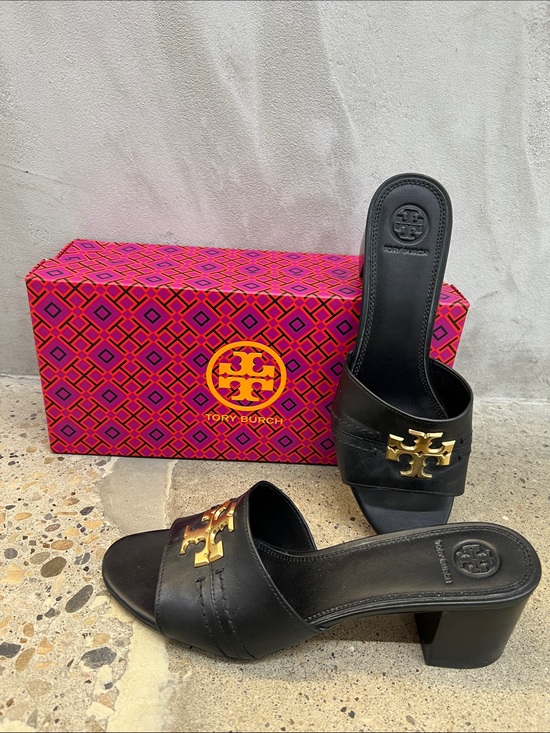 Tory Burch Shoes - Tory Burch Black Leather Logo Block Heel Mules with Gold Hardware